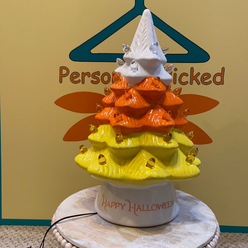 Happy Halloween Ceramic Tree Holiday Decor - Orange, Yellow, White